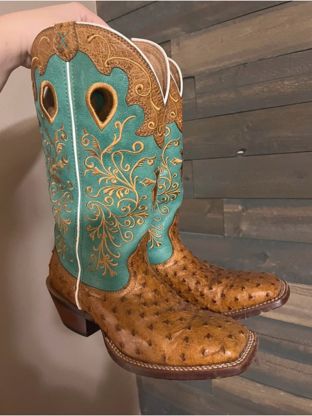 Twisted X Turquoise and Tan Ostrich-skin Western Boots